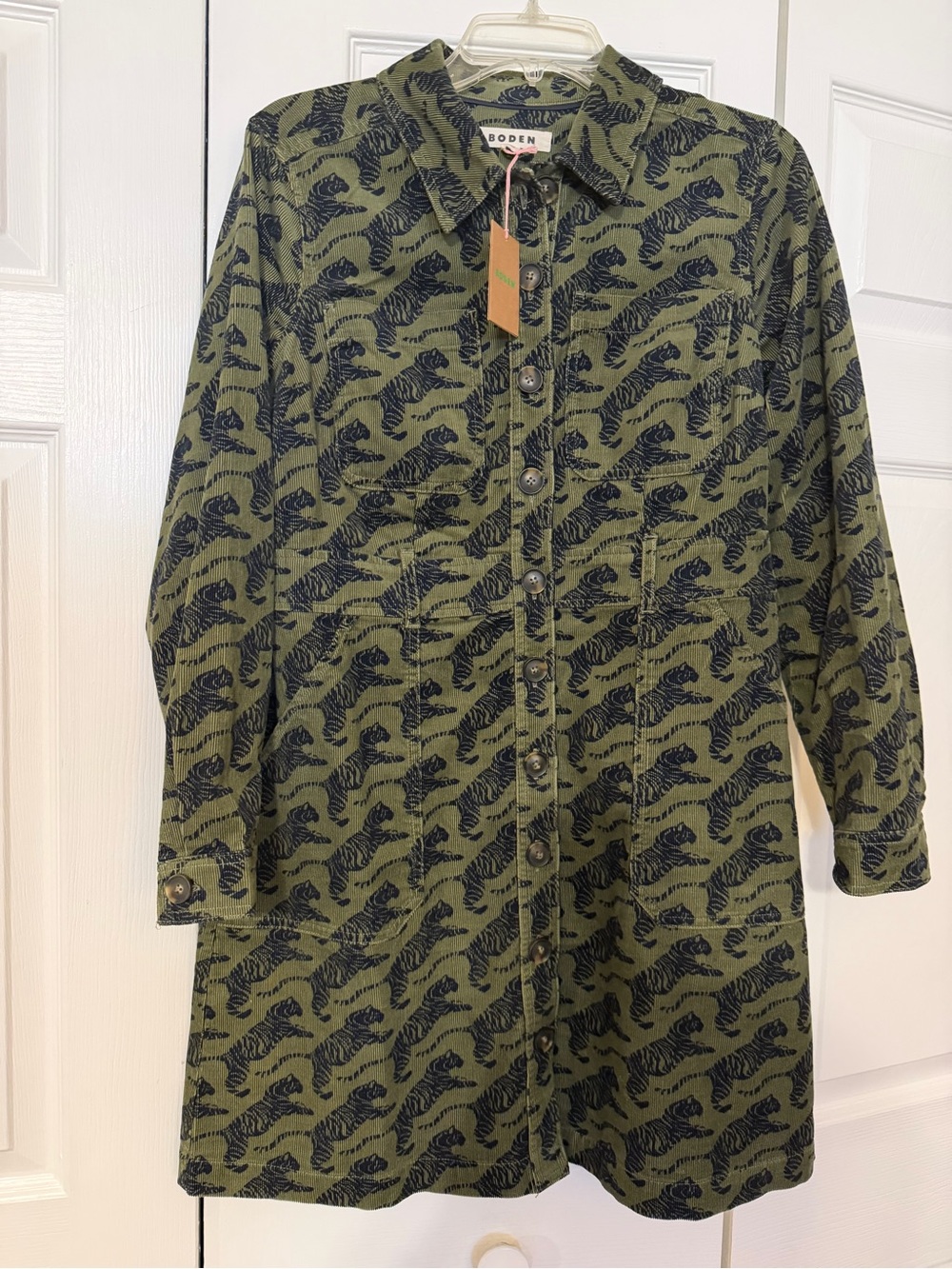 Boden Olive Green Button-Front Shirt Dress with Black Tiger Print
